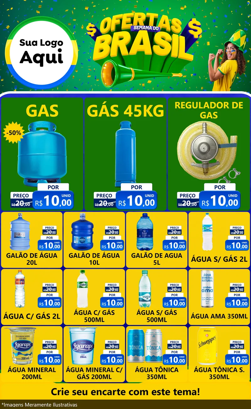 Modelo de Encarte para Encarte Grande com o tema Ofertas Semana do Brasil para Água e gás