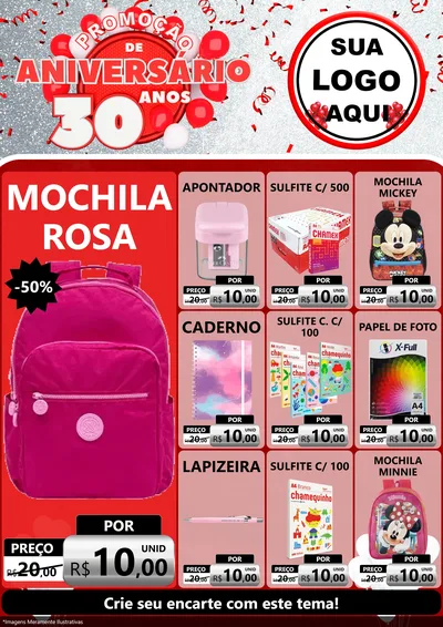 Modelo de Encarte para Encarte A4 Vertical com o tema Promoção de Aniversário - 30 Anos para Papelaria
