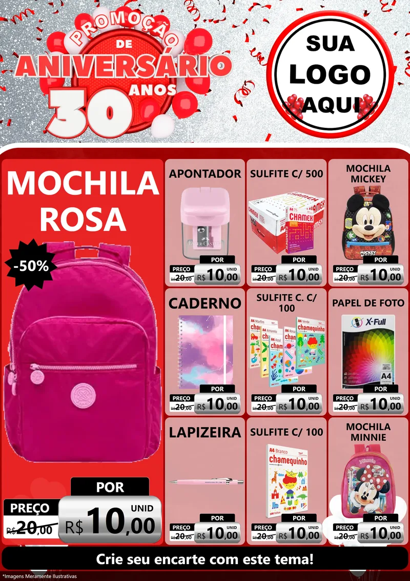 Modelo de Encarte para Encarte A4 Vertical com o tema Promoção de Aniversário - 30 Anos para Papelaria