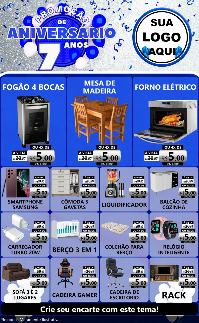 Modelo de Encarte para Encarte Grande com o tema Promoção de Aniversário - 7 Anos para Móveis e Eletro