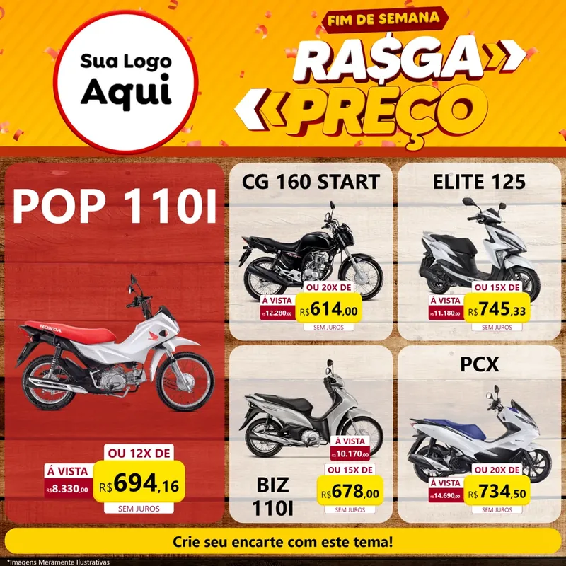 Modelo de Rede Social para Feed Facebook com o tema Fim de Semana Rasga Preços para Concessionaria de Motos