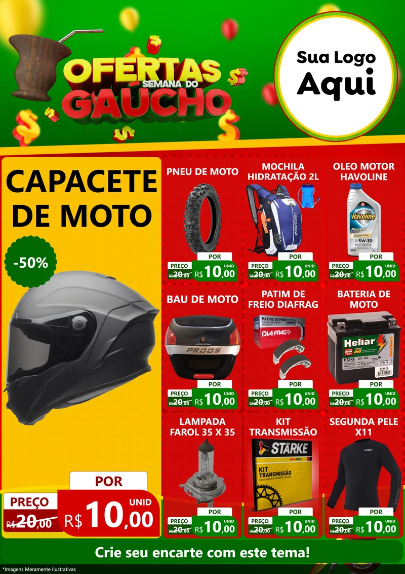 Modelo de Encarte para Encarte A4 Vertical com o tema Ofertas Semana Do Gaúcho para Moto peças