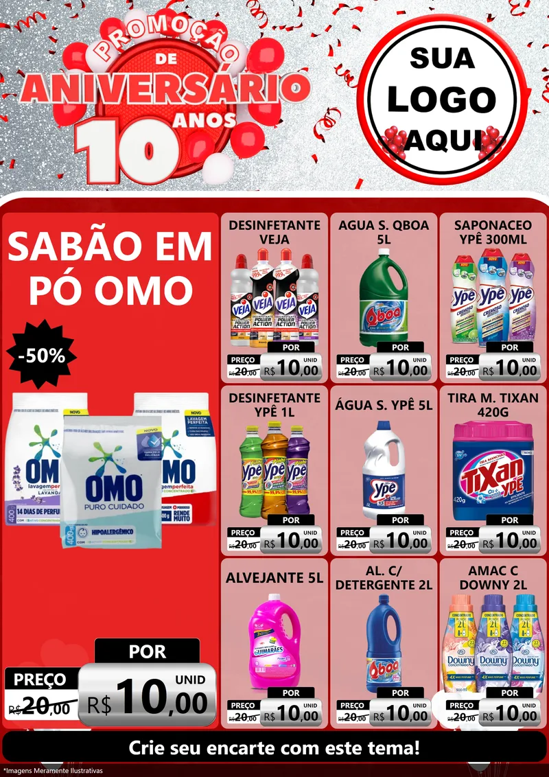 Modelo de Encarte para Encarte A4 Vertical com o tema Promoção de Aniversário - 10 Anos para Produtos de Limpeza