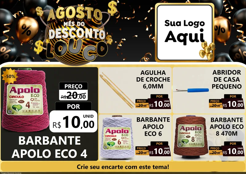 Modelo de Encarte para Encarte A4 Horizontal com o tema Agosto Mês do Desconto Louco para Armarinho e Aviamentos