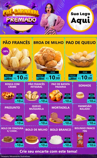 Modelo de Encarte para Encarte Grande com o tema Pré-Carnaval Premiado para Padaria