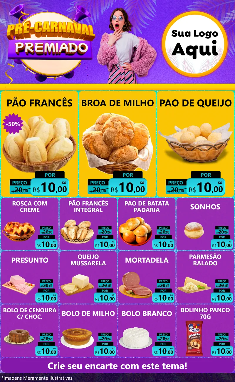 Modelo de Encarte para Encarte Grande com o tema Pré-Carnaval Premiado para Padaria