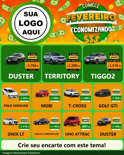 Modelo de Rede Social para Feed Instagram com o tema Comece Fevereiro Economizando para Concessionaria de Carros