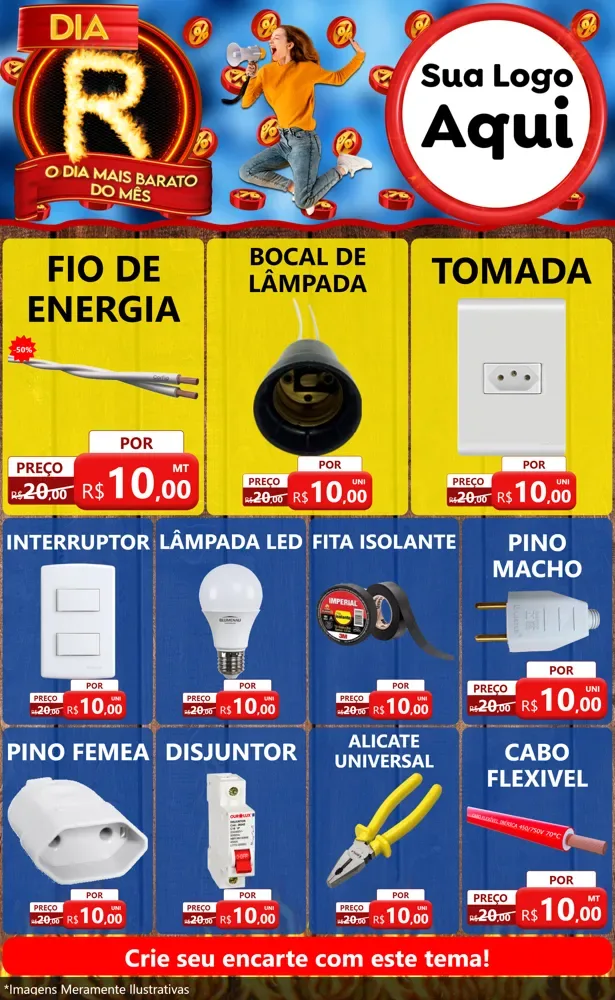 Modelo de Encarte para Encarte Grande com o tema Dia R - O Dia Mais Barato Do Mês para Materiais Elétricos