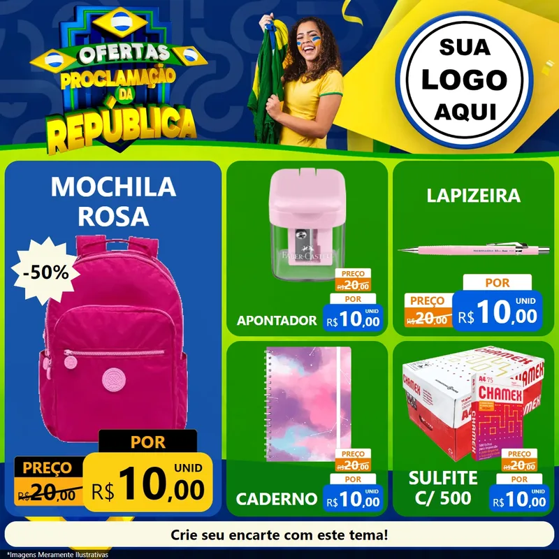 Modelo de Rede Social para Feed Facebook com o tema Ofertas Proclamação da República para Papelaria