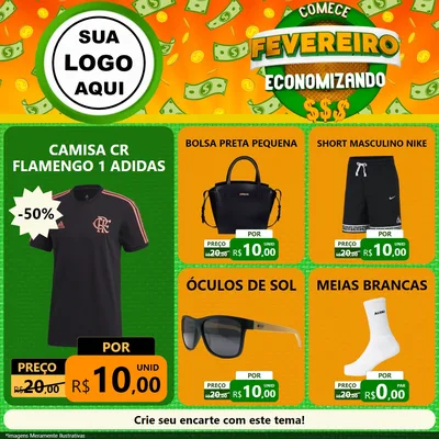 Modelo de Rede Social para Feed Facebook com o tema Comece Fevereiro Economizando para Roupas e acessórios