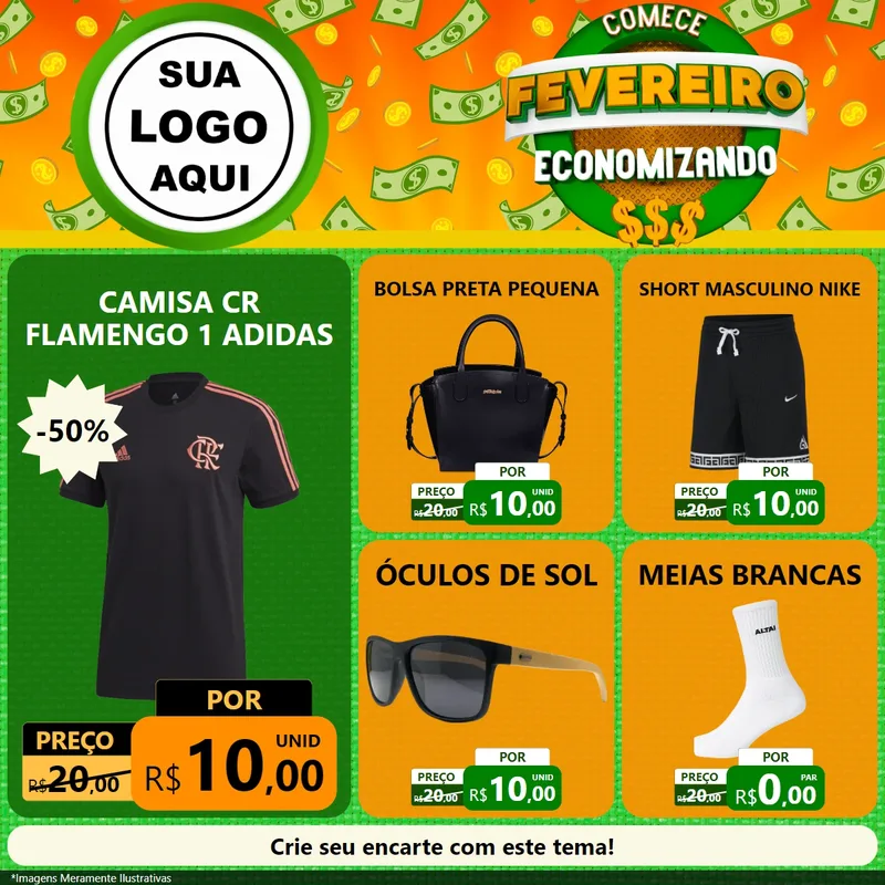 Modelo de Rede Social para Feed Facebook com o tema Comece Fevereiro Economizando para Roupas e acessórios
