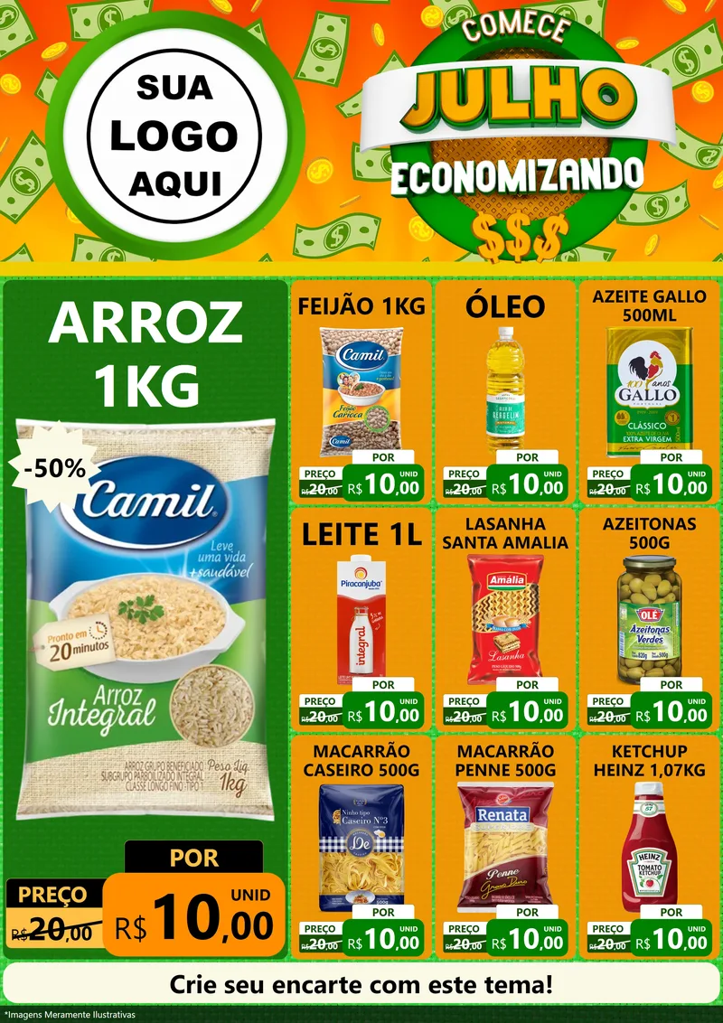 Modelo de Encarte para Encarte A4 Vertical com o tema Comece Julho Economizando para Supermercado