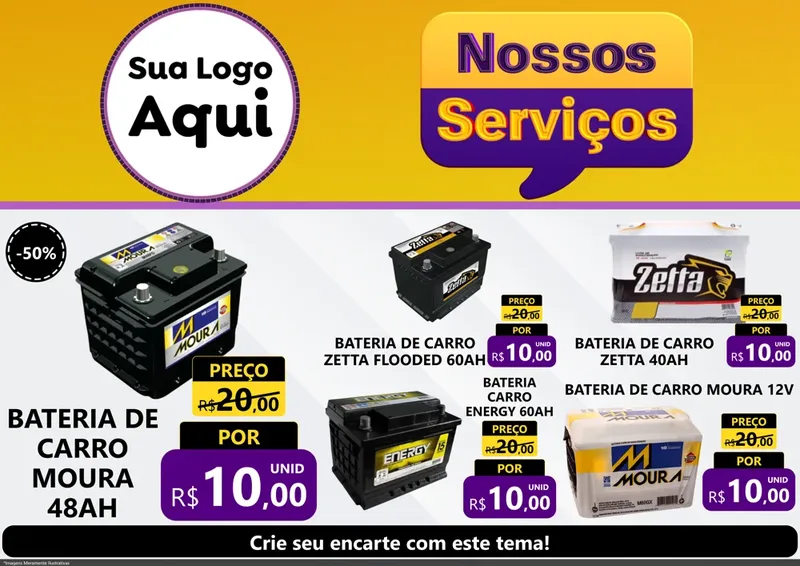 Modelo de Encarte para Encarte A4 Horizontal com o tema Nossos Serviços para Baterias Elétricas