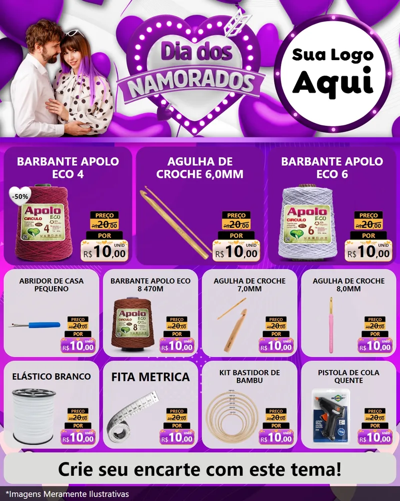 Modelo de Rede Social para Feed Instagram com o tema Dia dos Namorados para Armarinho e Aviamentos