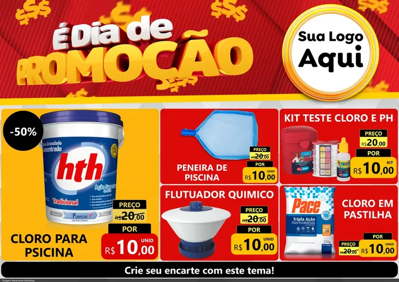 Modelo de Encarte para Encarte A4 Horizontal com o tema É Dia De Promoção para Produtos para Piscina