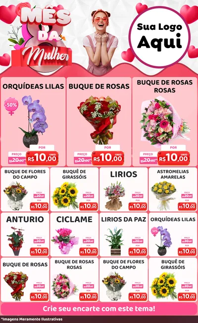 Modelo de Encarte para Encarte Grande com o tema Mês da Mulher para Floricultura e jardim