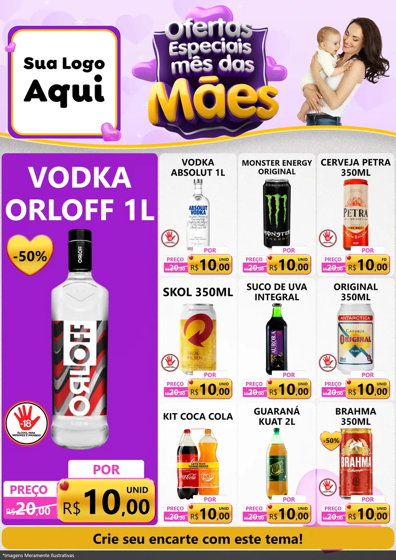 Modelo de Encarte para Encarte A4 Vertical com o tema Ofertas Especiais - Mês das Mães para Distribuidora de bebidas
