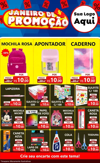 Modelo de Encarte para Encarte Grande com o tema Janeiro de Promoção para Papelaria