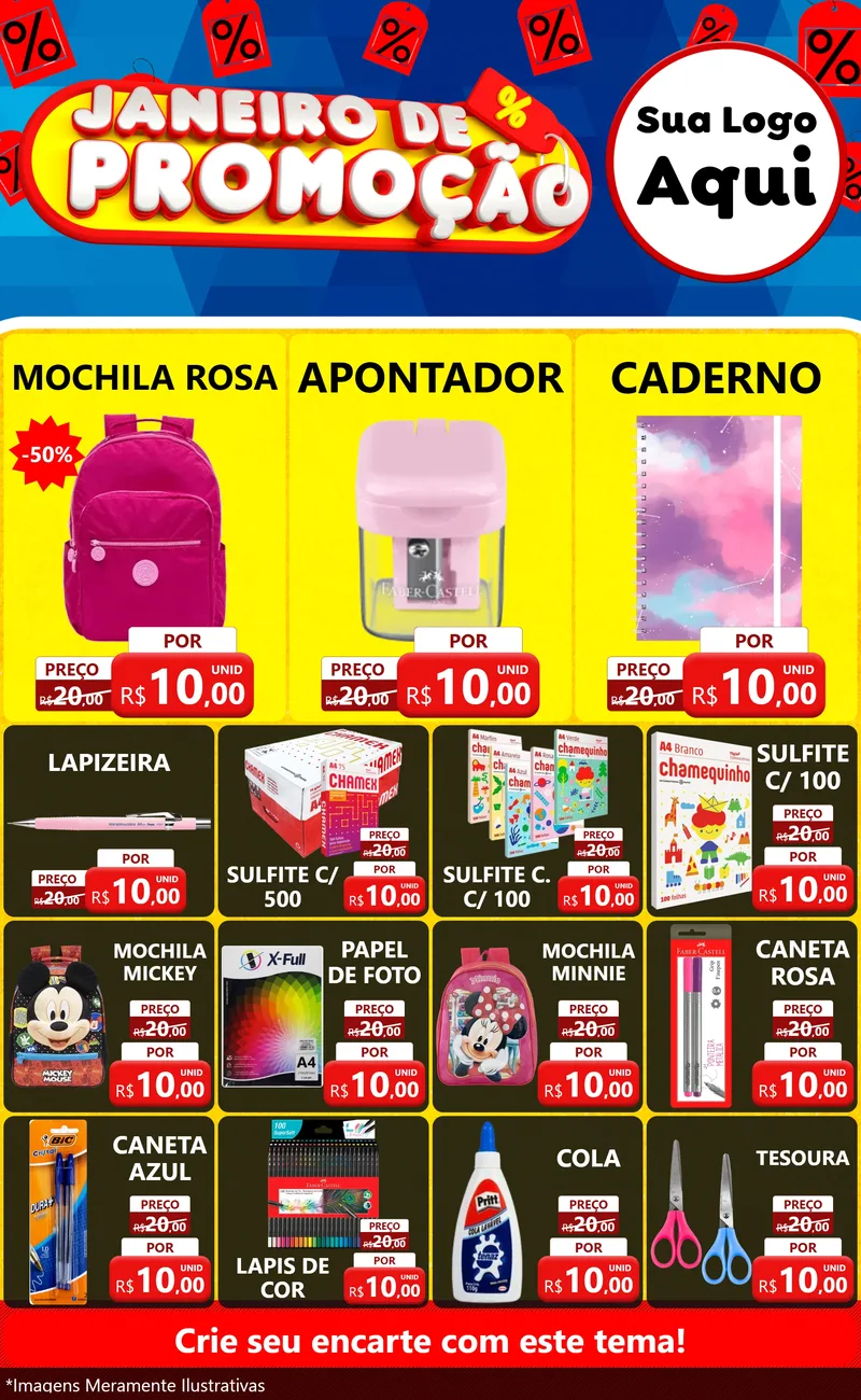 Modelo de Encarte para Encarte Grande com o tema Janeiro de Promoção para Papelaria