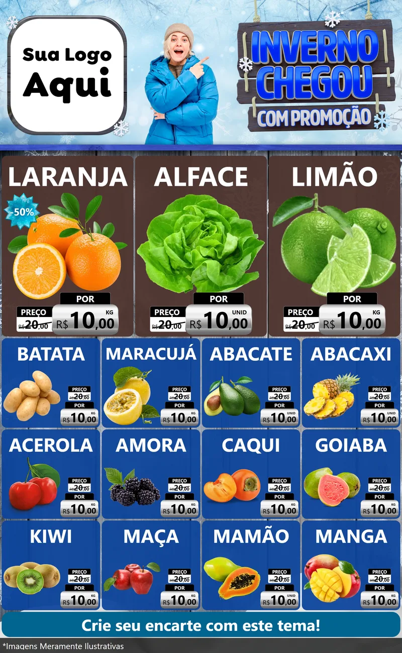 Modelo de Encarte para Encarte Grande com o tema Inverno Chegou Com Promoção para Hortifrúti