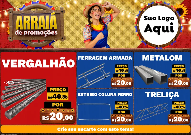 Modelo de Encarte para Encarte A4 Horizontal com o tema Arraiá de Promoções para Ferragens
