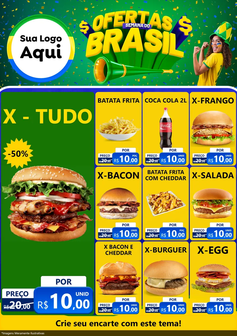 Modelo de Encarte para Encarte A4 Vertical com o tema Ofertas Semana do Brasil para Hamburgueria
