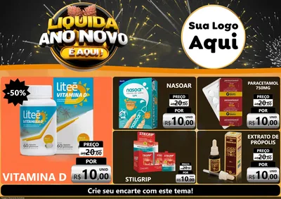 Modelo de Encarte para Encarte A4 Horizontal com o tema Liquida Ano Novo É Aqui! para Farmácia