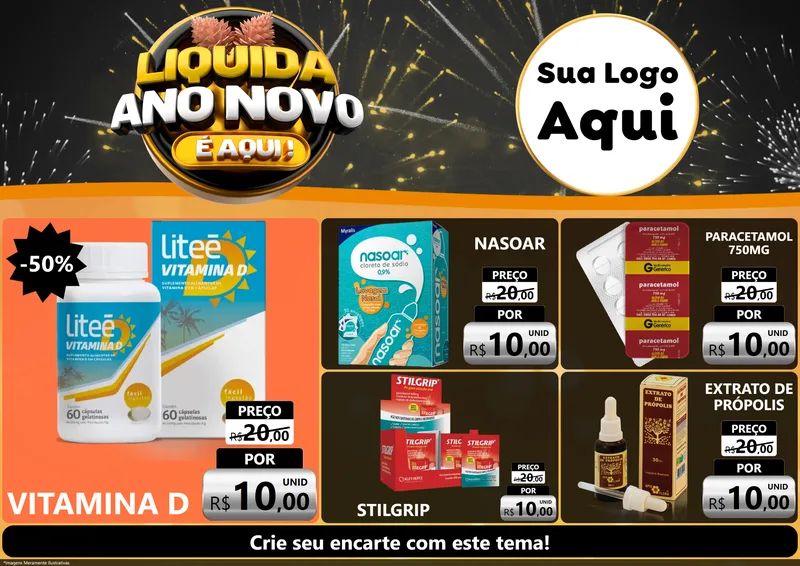 Modelo de Encarte para Encarte A4 Horizontal com o tema Liquida Ano Novo É Aqui! para Farmácia