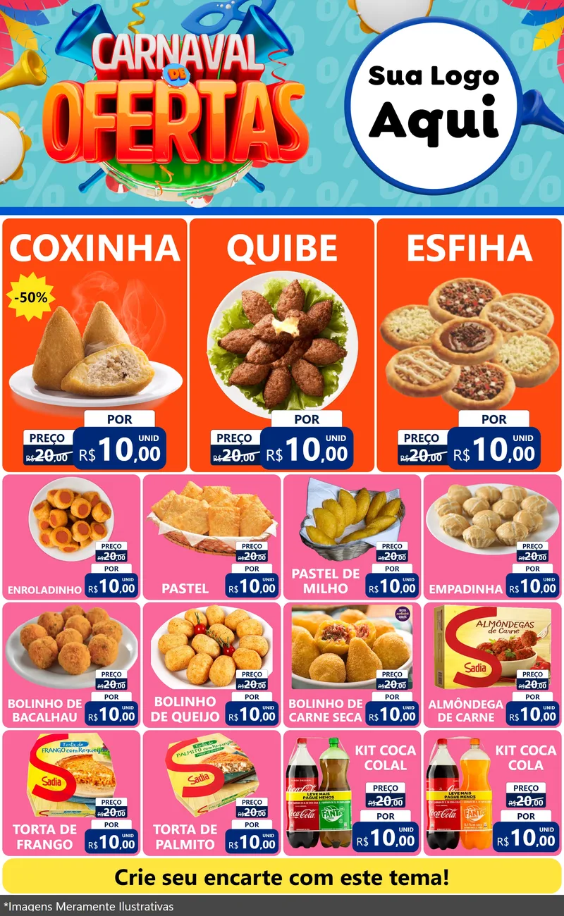 Modelo de Encarte para Encarte Grande com o tema Carnaval de Ofertas para Salgadaria