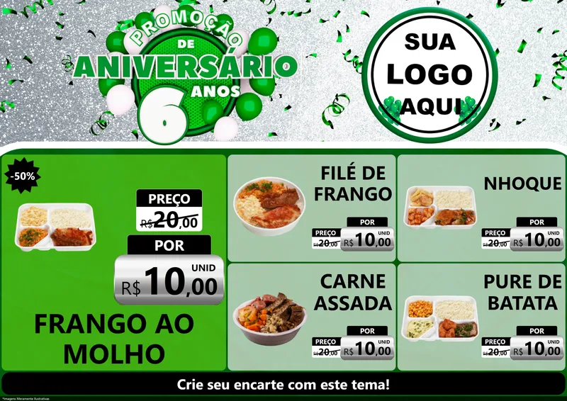 Modelo de Encarte para Encarte A4 Horizontal com o tema Promoção de Aniversário - 6 Anos para Restaurante