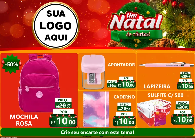 Modelo de Encarte para Encarte A4 Horizontal com o tema Um Natal de Ofertas para Papelaria