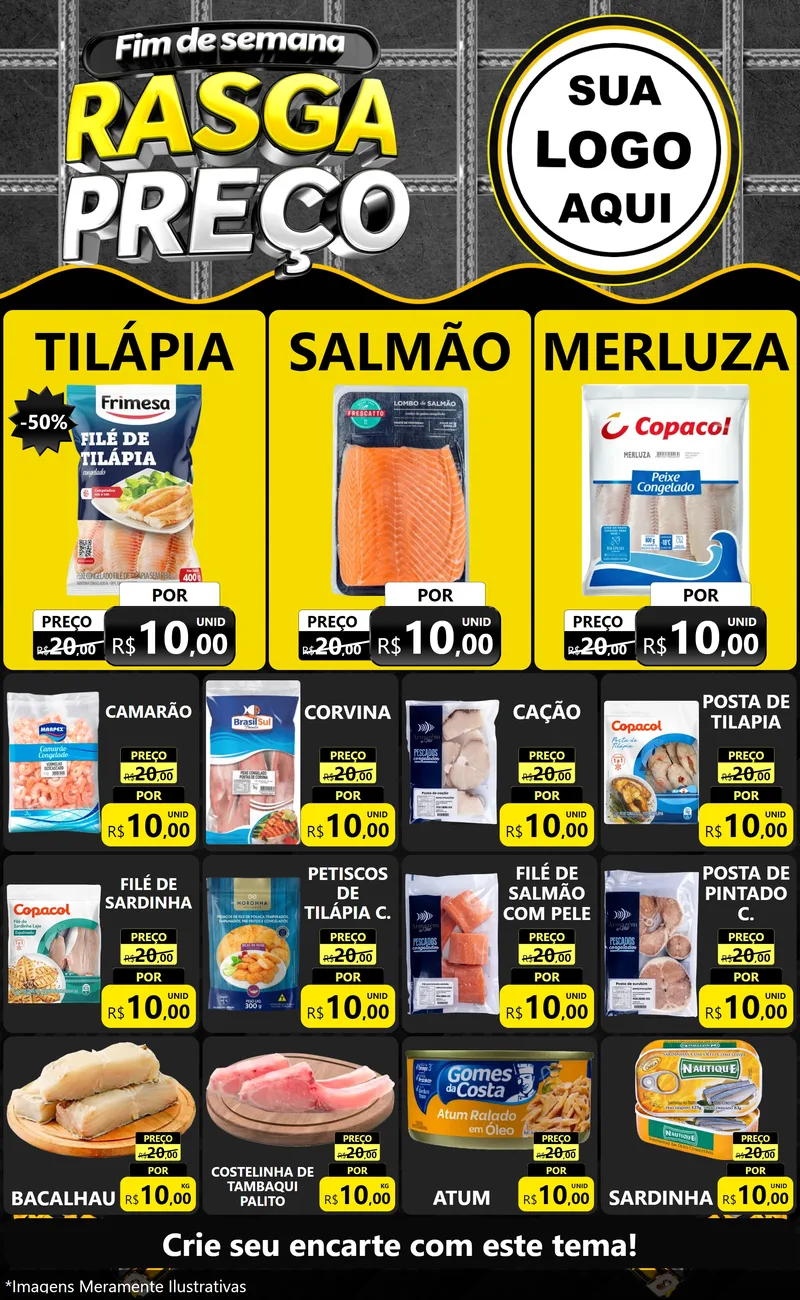 Modelo de Encarte para Encarte Grande com o tema Fim de Semana Rasga Preço para Peixaria