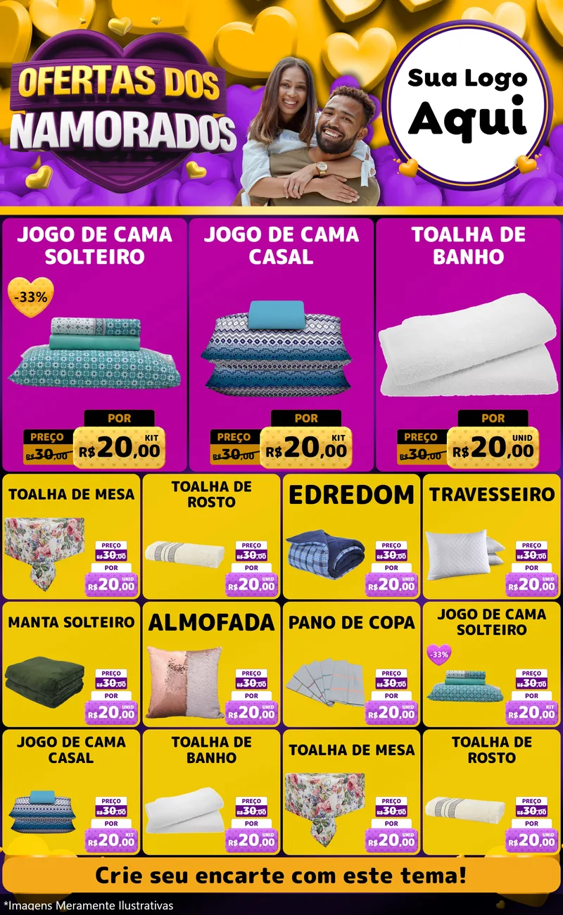 Modelo de Encarte para Encarte Grande com o tema Oferta Dos Namorados para Cama, Mesa e Banho