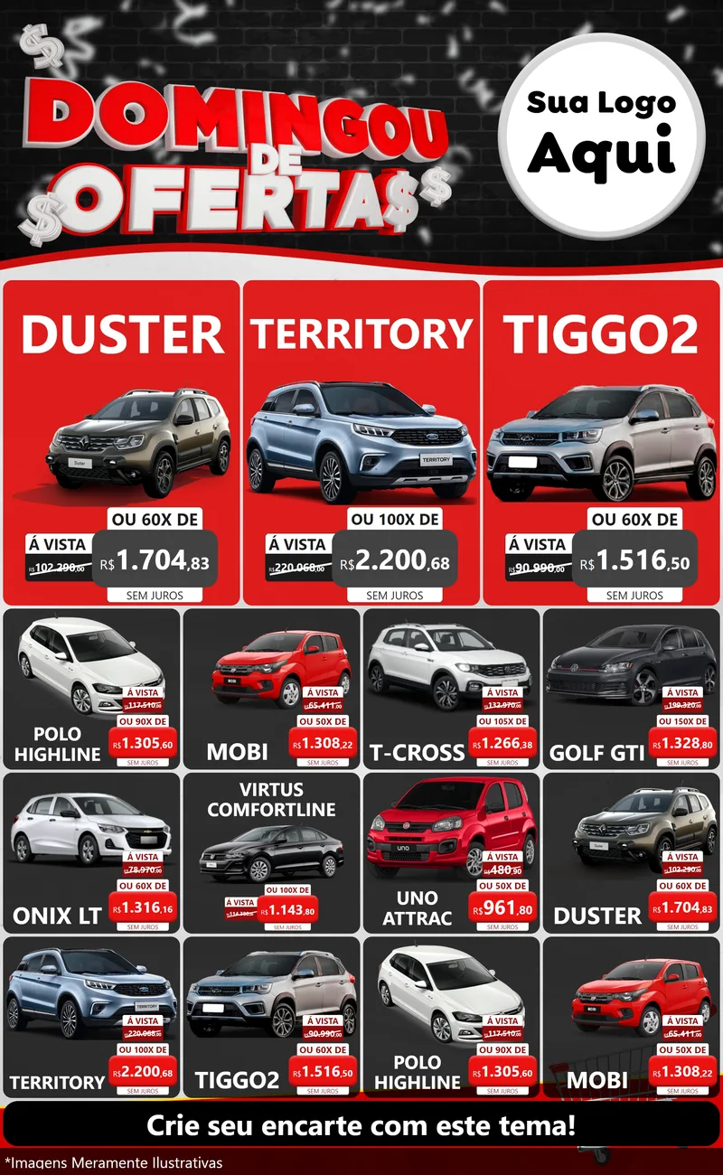 Modelo de Encarte para Encarte Grande com o tema Domingou de Ofertas para Concessionaria de Carros