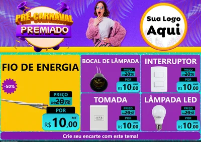Modelo de Encarte para Encarte A4 Horizontal com o tema Pré-Carnaval Premiado para Materiais Elétricos