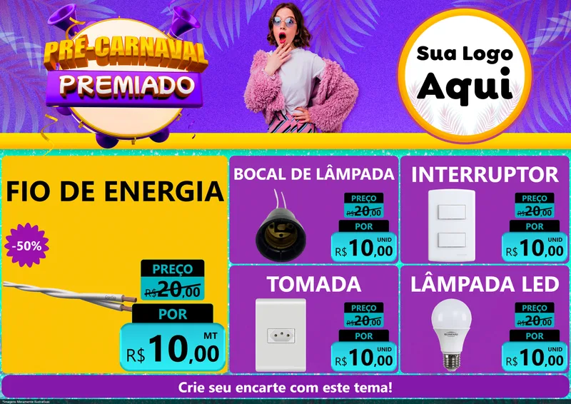 Modelo de Encarte para Encarte A4 Horizontal com o tema Pré-Carnaval Premiado para Materiais Elétricos