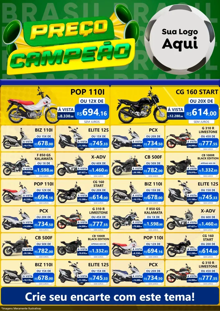 Modelo de Encarte para Encarte A4 Vertical com o tema Preço Campeão - Copa para Concessionaria de Motos