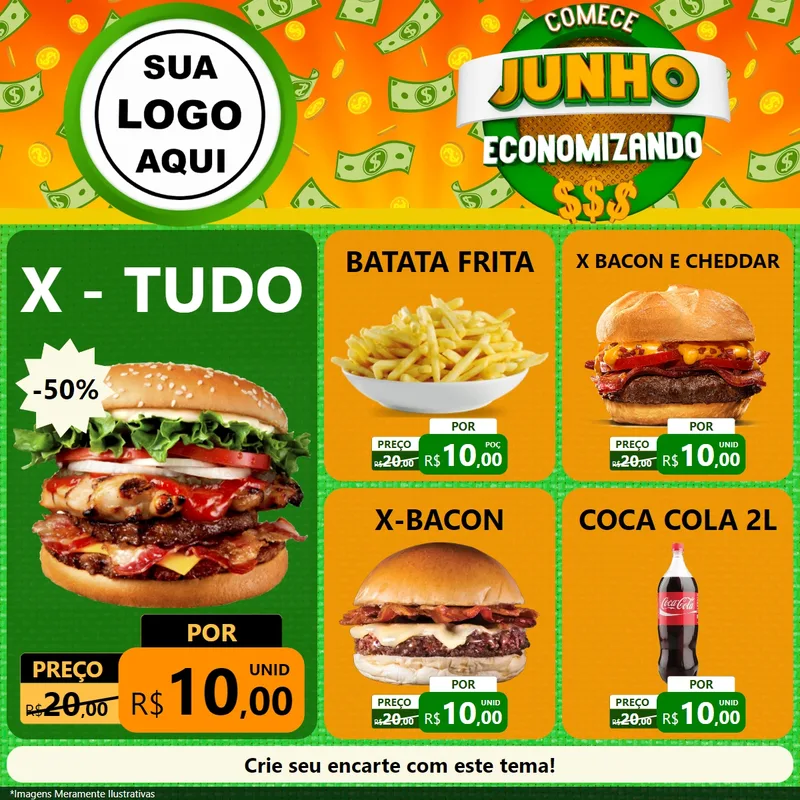 Modelo de Rede Social para Feed Facebook com o tema Comece Junho Economizando para Hamburgueria