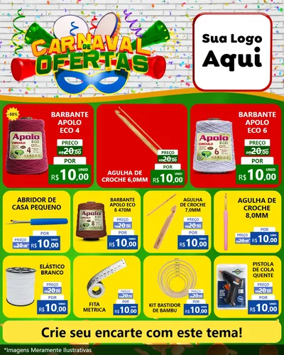Modelo de Rede Social para Feed Instagram com o tema Carnaval de Ofertas para Armarinho e Aviamentos