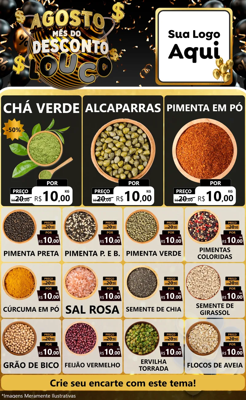 Modelo de Encarte para Encarte Grande com o tema Agosto Mês do Desconto Louco para Produtos Naturais