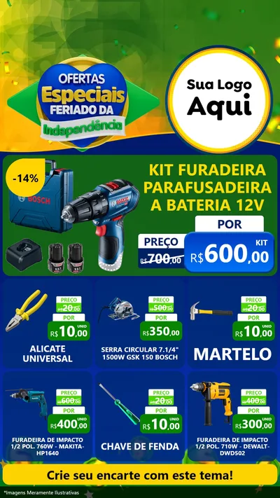 Modelo de Rede Social para Stories com o tema Ofertas Especiais Feriado da Independência para Maquinas e Ferramentas