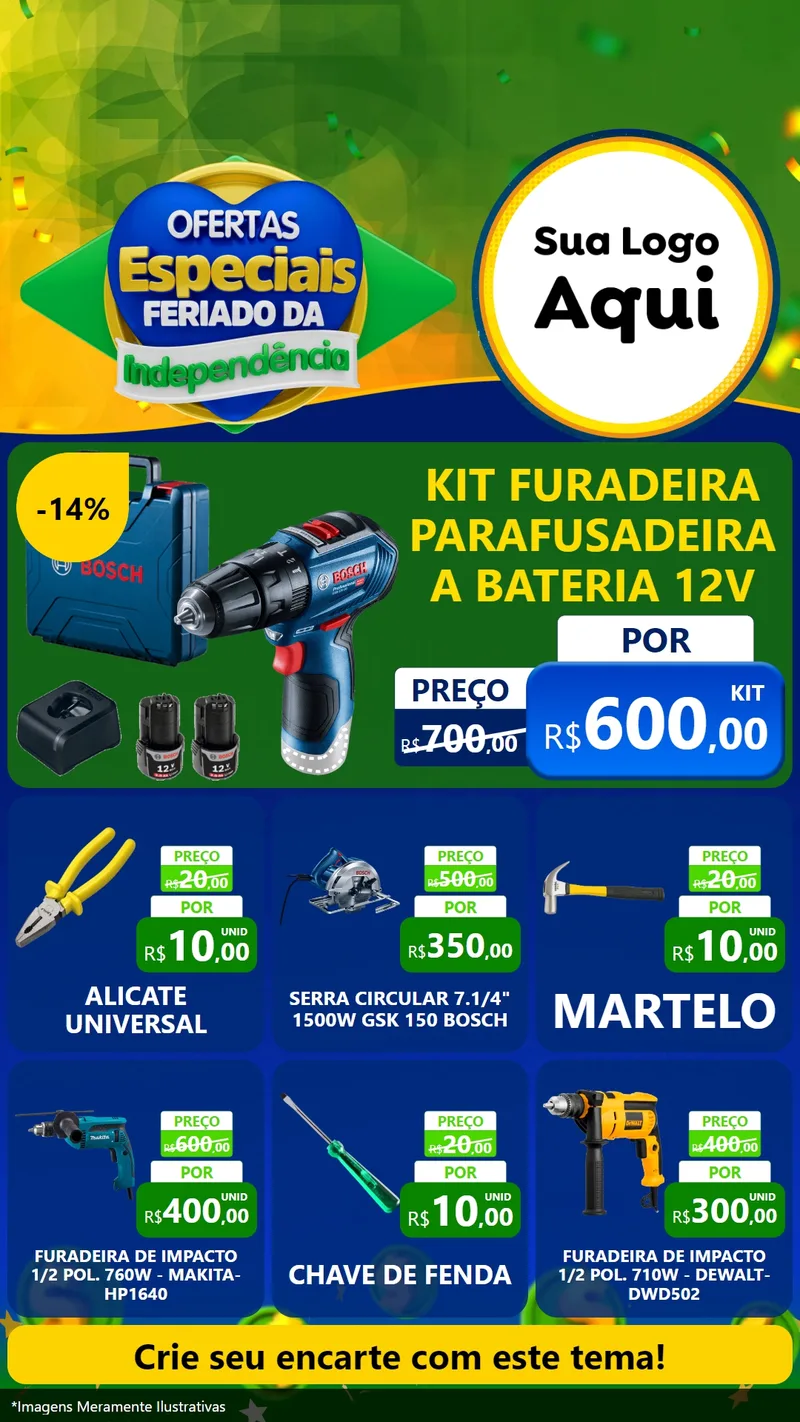 Modelo de Rede Social para Stories com o tema Ofertas Especiais Feriado da Independência para Maquinas e Ferramentas