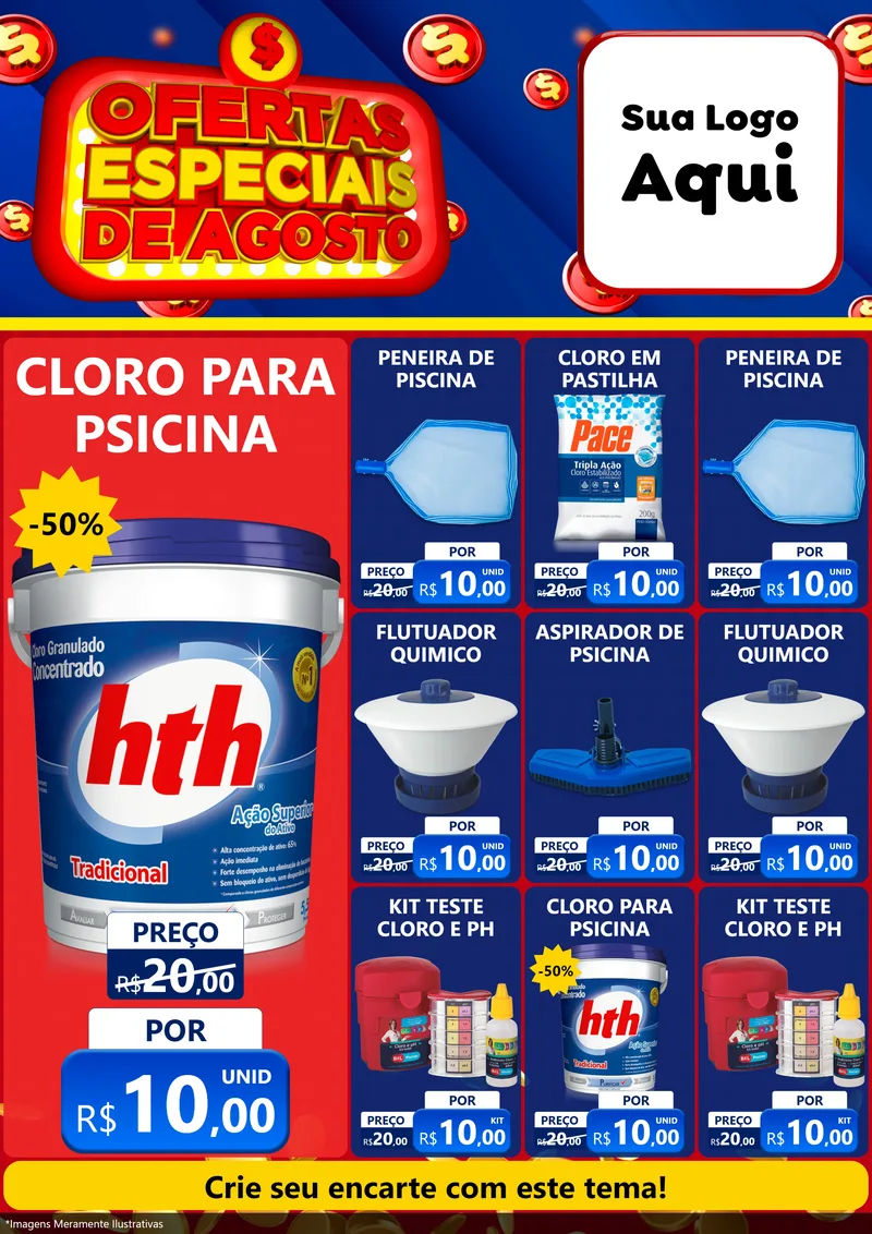 Modelo de Encarte para Encarte A4 Vertical com o tema Ofertas Especiais de Agosto para Produtos para Piscina