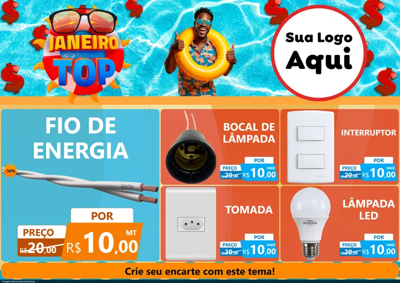Modelo de Encarte para Encarte A4 Horizontal com o tema Janeiro Top para Materiais Elétricos