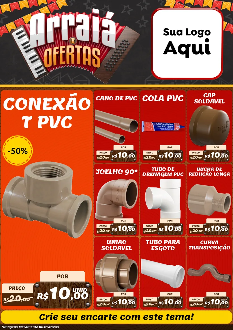 Modelo de Encarte para Encarte A4 Vertical com o tema Arraiá de Ofertas - Junina para Tubos e conexões