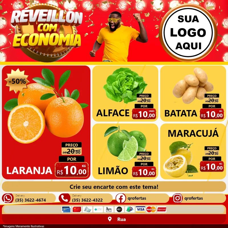 Modelo de Rede Social para Feed Facebook com o tema Réveillon com Economia para Hortifrúti