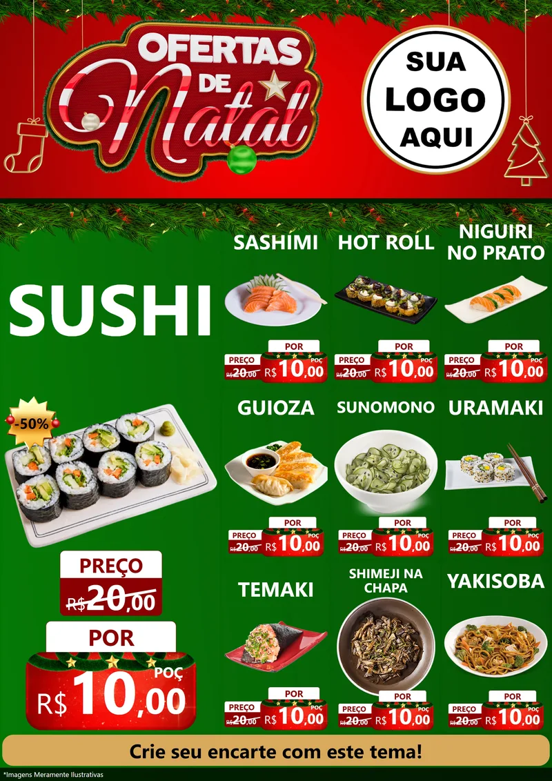 Modelo de Encarte para Encarte A4 Vertical com o tema Ofertas de Natal para Comida japonesa