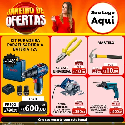 Modelo de Rede Social para Feed Facebook com o tema Janeiro de Ofertas para Maquinas e Ferramentas