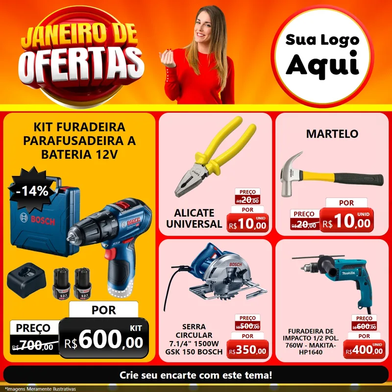 Modelo de Rede Social para Feed Facebook com o tema Janeiro de Ofertas para Maquinas e Ferramentas