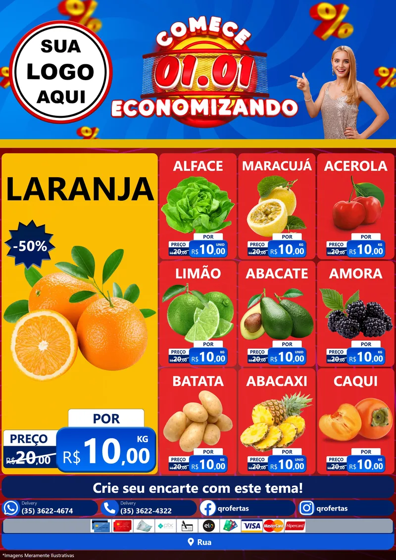 Modelo de Encarte para Encarte A4 Vertical com o tema Comece 1º de Janeiro Economizando para Hortifrúti